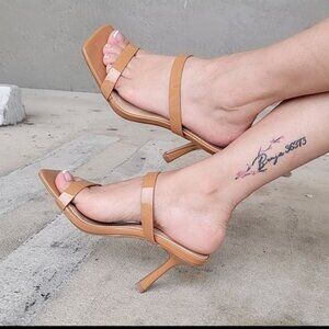 Women Tan Double Strap‎ Mule Heels Sandals